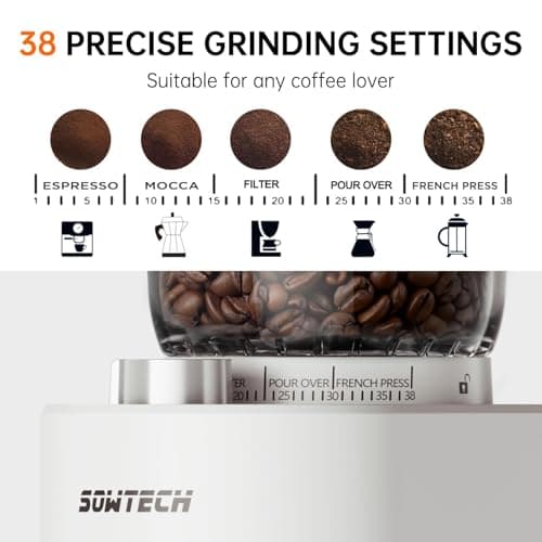 SOWTECH Conical Burr Coffee Grinder, Adjustable Burr Mill with 38 Precise Grind Setting, precision timer, for Espresso/Drip/Pour Over/Cold Brew/French Press Coffee Maker(Beige)