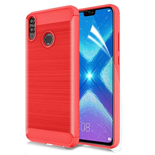Honor 8X Case W/HD Screen Protector Carbon Fiber Soft TPU Brushed Texture Elastic Full-Body Rubber Heavy Duty Protective case, Red
