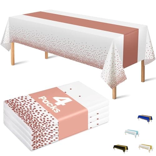 OHOME 4 Pack Disposable Plastic Table Cloths,White and Rose Gold Rectangle Table Covers for Birthday Bridal Bachelorette Pink Sweet 16 Party Decorations - Baby Shower Decorations for Girl 54" x 108"