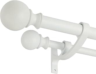 Matte White Double Curtain Rod 48 to 84 Inch - Decorative Window Rod With Round Finials, 1-Inch Front and 5/8 Inch Back