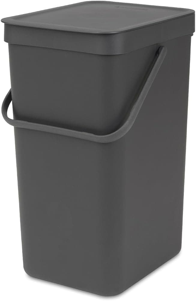 Sort & Go Waste Bin 16L (Grey), Space-Efficient Plastic Recycle Container with Handle, Removable and Stay-Open Lid, Easy to Clean Kitchen Bin without Nooks and Rims
