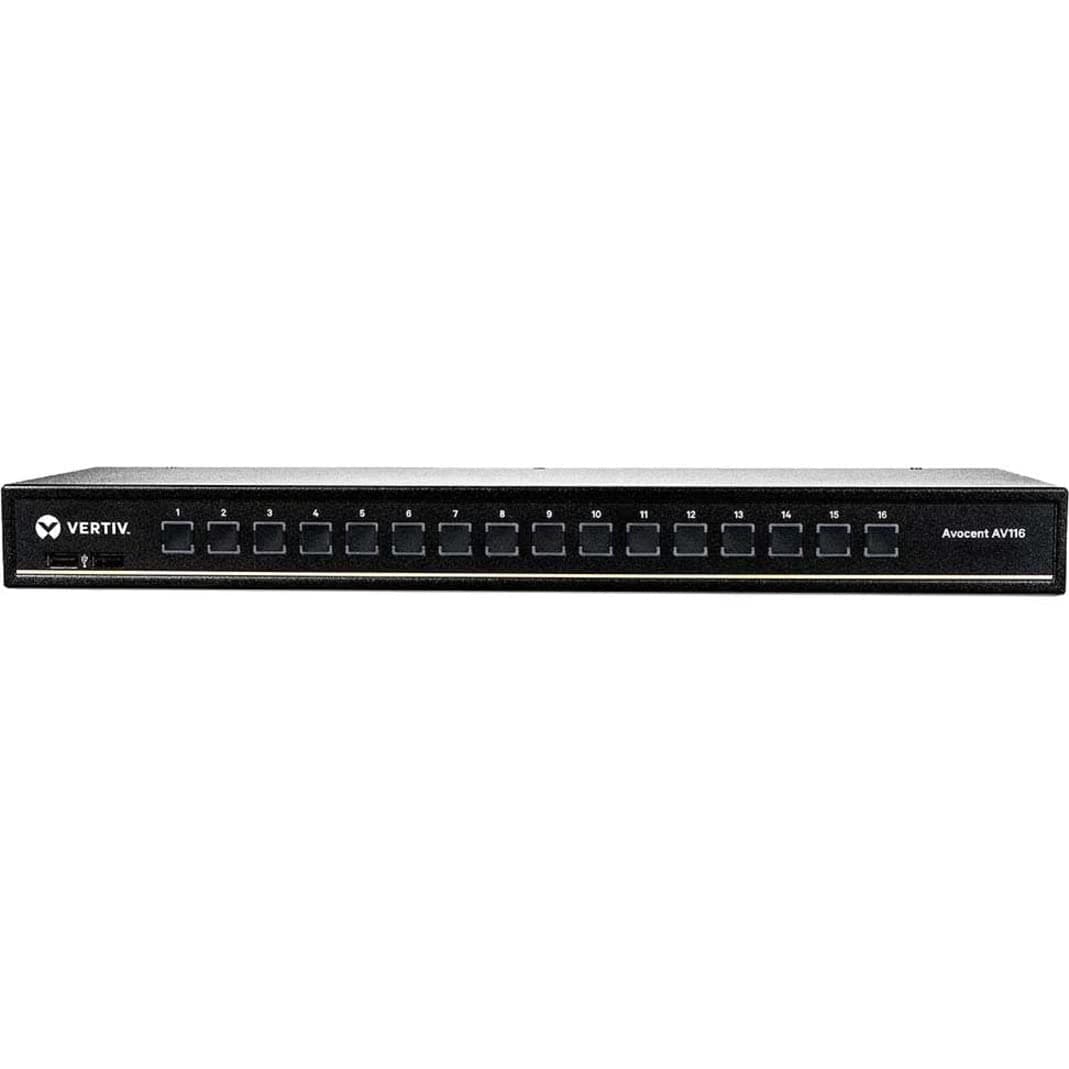 Vertiv Avocent 1x16 Rackmount or Desktop, Single-User KVM Switch With USB, OSD Support, Touch Button and Hotkey Switching, Cascade Support and Internal Power Supply (AV116-400)
