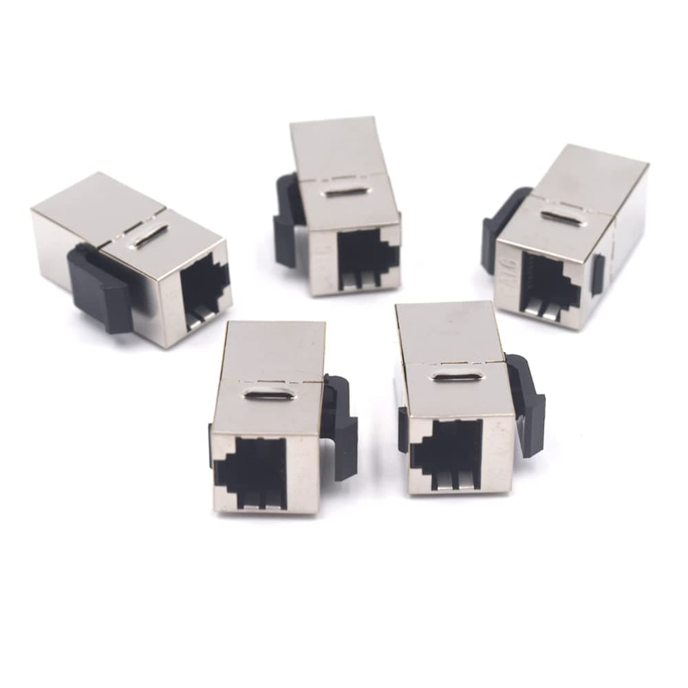Kework 5 Pack Ethernet Cat6 RJ45 Shielded in-line Coupler, Cat6 RJ45 Female to Female Keystone Latch Jack 8P8C Modular Connector Adapter, Stainless Steel Housing, Gold Plated Terminals