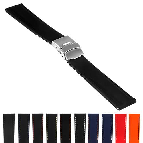 StrapsCo Rubber Watch Band with Stitching & Deployant Clasp - Quick Release Strap - 18mm 20mm 22mm 24mm (24mm, Black)