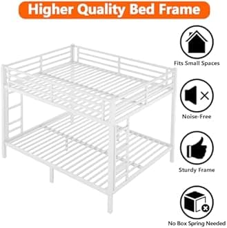 Thctvous Queen Over Queen Bunk Bed,Heavy Duty Metal Bunk Bed Frame for Adults,2 Side Ladder,Guardrail,Space-Saving,Noise Reduced,No Box Spring Needed,Black (White, Queen Over Queen)