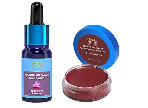 Blue Nectar Lip Tint Balm for Deep Wine Tinted Lips with Organic Ghee & Shea Butter (0.35Oz) And Kumkumadi Face Oil, crafted with natural herbs for radiant skin (0.33 Fl Oz)