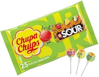 Chupa Chups SOUR Lollipops, Variety Pack, Lemon, Strawbery & Apple Flavored, Individually Wrapped Bulk Sour Candy Suckers for Adults & Kids, Bag of 25