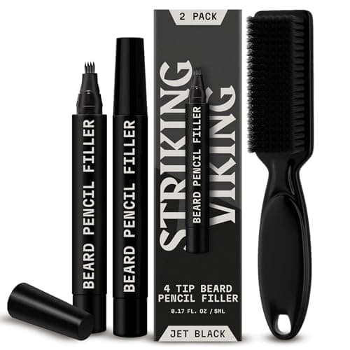 4-Tip Beard Pencil Filler for Men (2 pack) - Updated Beard Filling Pen Kit with Brush, Long Lasting Waterproof Beard Pen - Fill, Shape, & Define Your Beard - Striking Viking, Black (2 Pens)