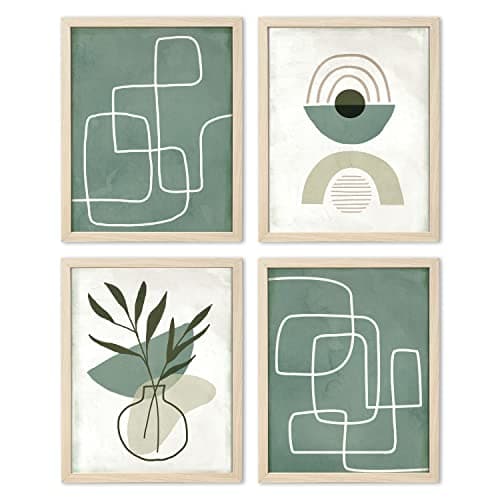 4 Pack Framed Boho Botanical Wall Art, 11x14 IN, Minimalist Mint Sage Green Geometric Line Art Prints with Wooden Frames for Bohemian Home Decor and Gifts