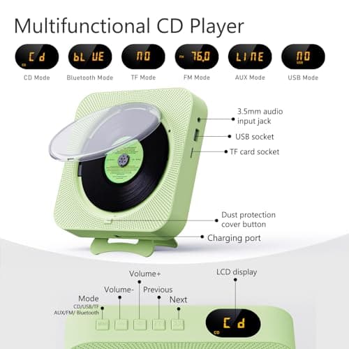 MICOCIOUS Portable CD Player with Bluetooth Desktop CD Player for Home CD Music Players with Remote Control,Timer,Built-in Dual Speakers with LED Display Home Audio Boombox FM Radio (Green)