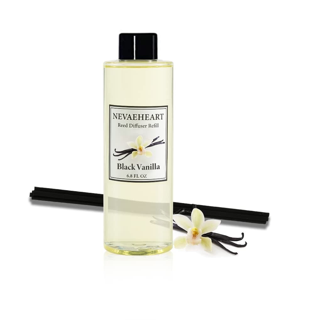 NEVAEHEART Black Vanilla Reed Diffuser Oil Refill and Sticks Set | Includes a Free Set of Reed Sticks | Rich Madagascar Vanilla & Bergamot Fragrance Notes, Reed Diffuser Liquid Refill | 6.8 oz