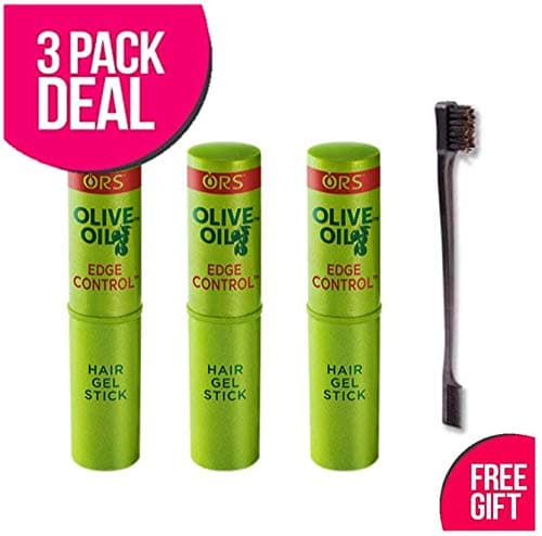 3 PACK! Organic Roots Stimulator ORS Olive Oil Edge Control Hair Gel Stick 0.30oz with Edge Brush 1pc.