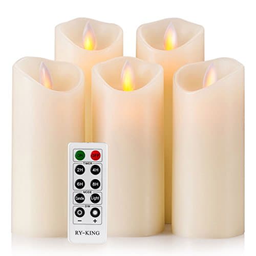 Ry-king 2.2" X 5"/6" Classic Pillar Real Wax Dancing Flameless LED Candles with Timer and 10-key Remote Control - Set of 5