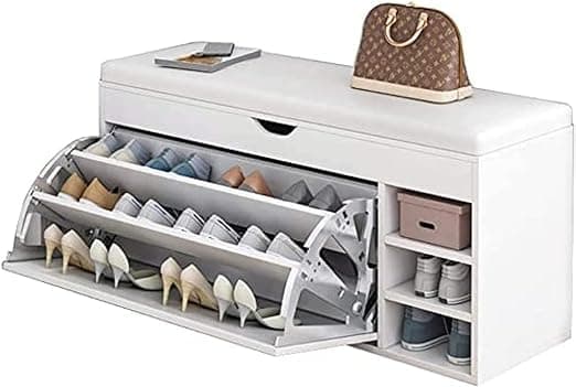 Built-In Shoe Storage Bench with Door - White