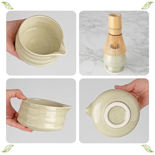 Matcha Whisk Set- Matcha Set includes Matcha Whisk and Bowl (Bowl with Spout), Sifter, Holder and Scoop- The Perfect Bamboo Whisk for Matcha Tea (Molted Green)