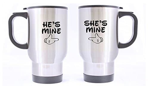 Romantic Design He's Mine/She's Mine (Twin Side) Custom Travel Coffee/Tea Mug (Sliver/14Ounce) A Couple Of Mugs For Couples(Wedding Anniversary,Valentine's Day,Engagement)