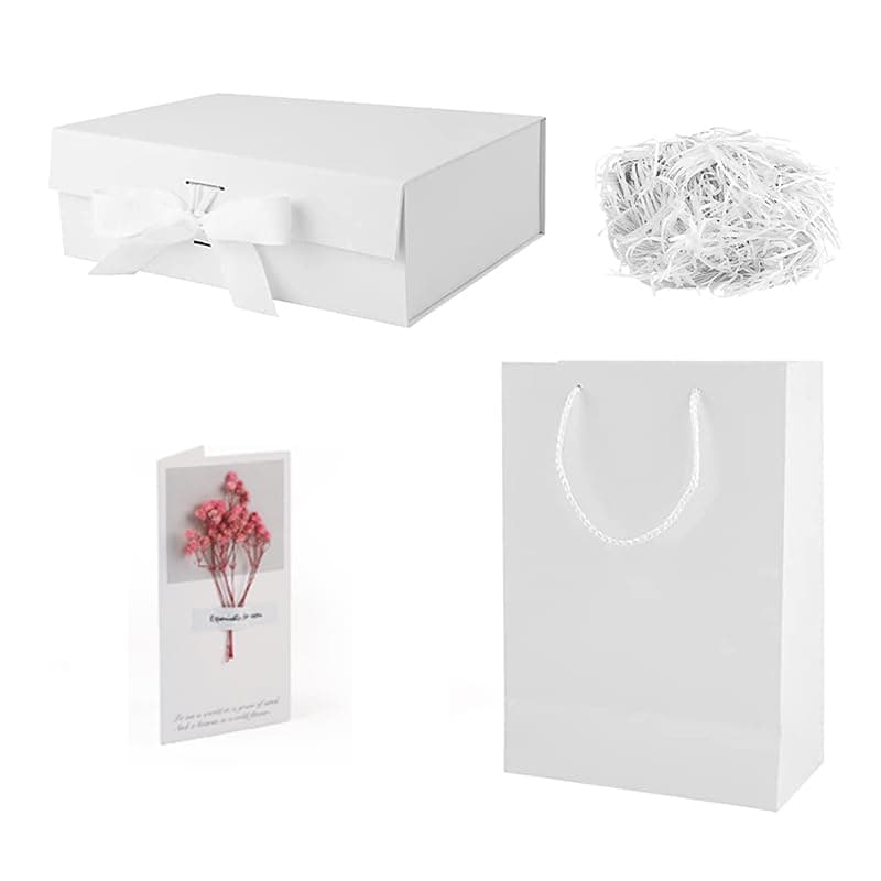 Black Gift Box for Gift Wrapping, 4in1 Magnetic Foldable Gift Boxes + Bags + Raffie Shregs + Greeting Card (34.5x28x11.5 CM, White)