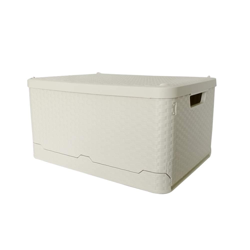 Glenmore Plastic Storage Box with Lid Folding Basket Rattan Effect Collapsible Stackable Container 45 x 34 x 24 Centimetres Beige