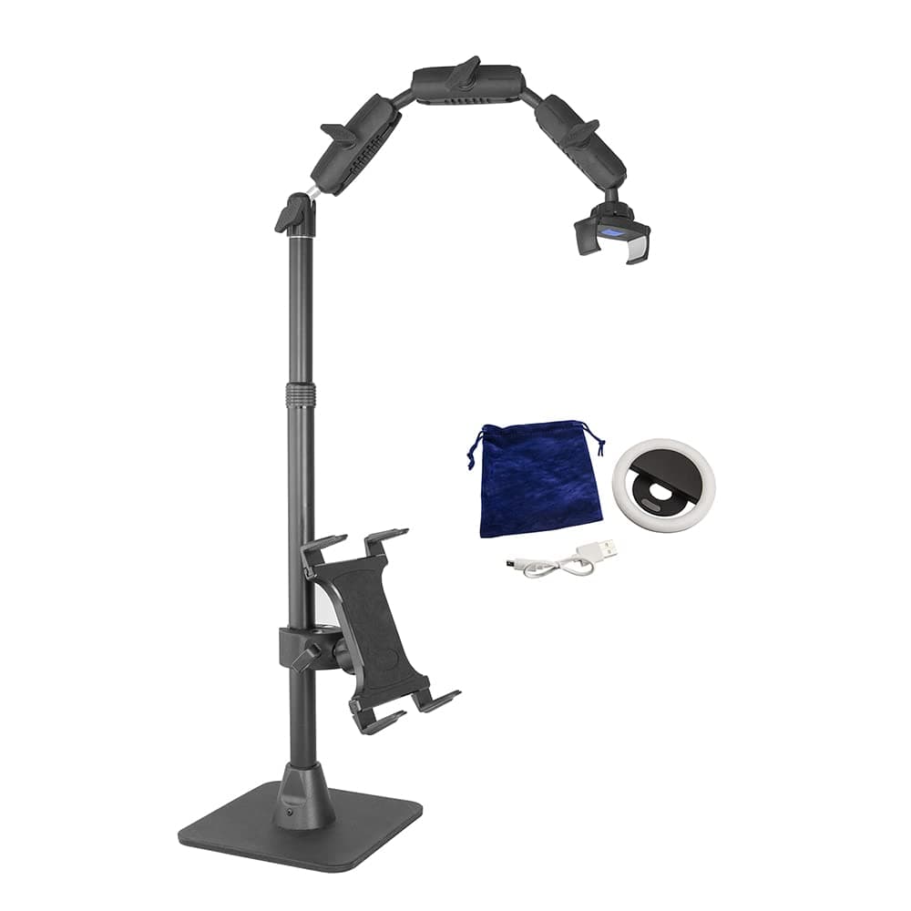 Mounts Phone Holder Full Kit - Adjustable Overhead Arm Cell Phone Table Top Stand and Tablet Mount with Ring Light - Professional Holders for Horizontal or Vertical Filming