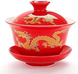 YBK Tech Porcelain Kung Fu Tea Cup and Saucer with Lid, Chinese Traditional Gaiwan Sancai Tea Bowl Tea Set Dragon Pattern (Red (Slightly Bigger))