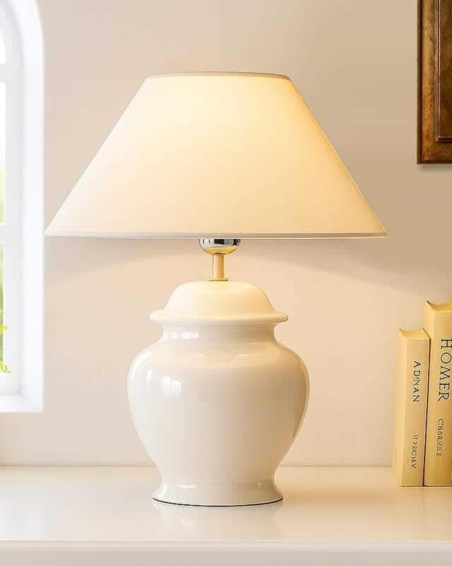 Ceramic Pot Shaped Base White Table Lamp with White Cone Shade, LED Bulb