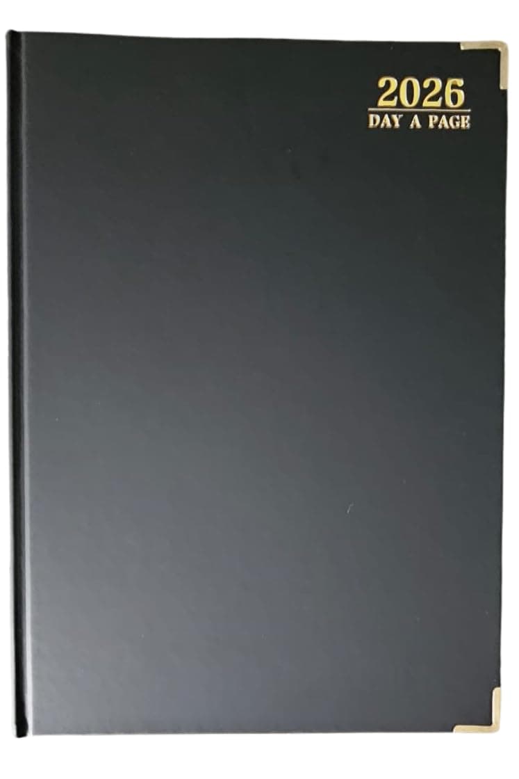 2026 A4 Day Per Page Diary – Half-Hourly Appointment Book with Times, Day-to-View Planner, PU Leather Padded Hardback, Ribbon Marker – Black & Gold