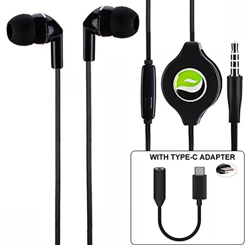 Retractable Hands-Free Headset with Mic 3.5mm Earphone Type-C Audio Adapter Premium Headphone Jack Converter Earbud [Black] Compatible with Motorola Moto Z3