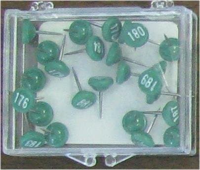 Numbered Map Tacks - Dark Green Pins with White Numbers (20 Boxes of 25: Numbers 1-500)