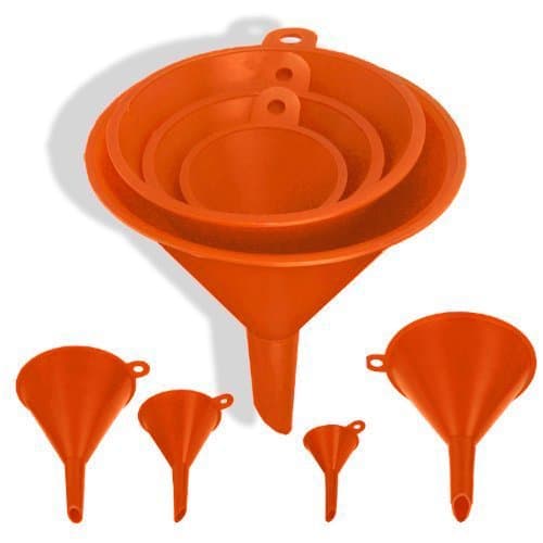 Moishia Compact, Mess Free, 4 Size Plastic Funnel Set for liquids Assorted Sizes Nested with hanger/holder tab