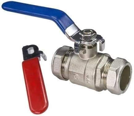 TC 28mm Lever Ball Valve Full Bore Compression Isolation Valve Red/Blue Dual Handle Shut Off Isolating Valve Full Flow - WRAS Approved