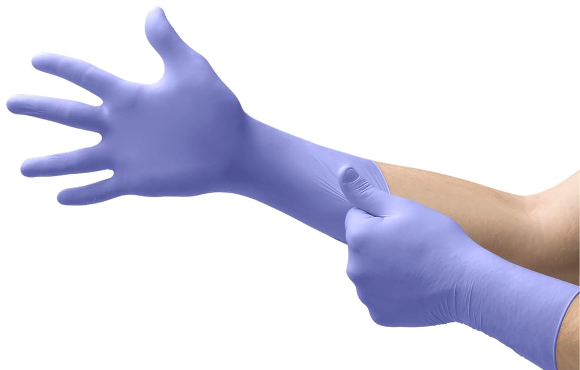 Ansell MICROFLEX Supreno EC SEC-375 Thick Disposable Nitrile Exam Gloves Extended Cuff for Automotive, Heathcare, Life Sciences, Medium (7.5-8.0) Violet Blue (Box of 50)