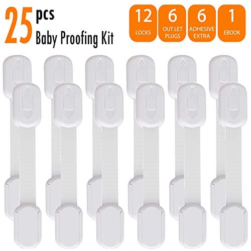 Baby Proof Drawer Locks (12 Pack) Adjustable Packs/no Tools/+Outlet Plug Covers 6 Units + 6 Extra 3m Adhesive + ebook, Baby Proof Cabinet latches for Oven-Toilet Seat-Fridge, no Drilling Needed