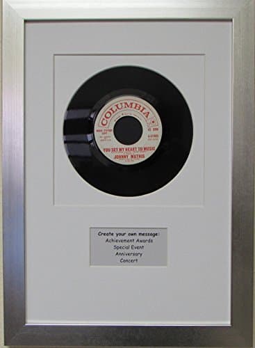 45 (6 7/8") Inch Vinyl Record with Personalized Message White Mat Design and Solid Wood Brushed Silver Frame