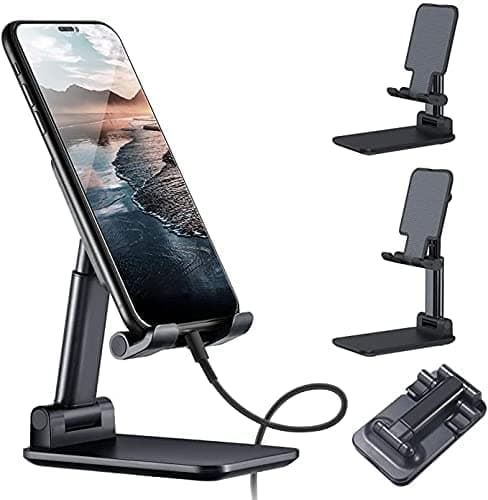 CQLEK® Foldable Tablet Mobile Stand Holder - Angle & Height Adjustable Desk Cell Phone Anti-Slip Compatible with Smartphones/iPad Mini/Game/Kindle/Tablet Folding Desktop Portable for Online Classes, Watch Movies Shooting Videos Vlogging Youtubers All Smartphones Mount Lightweight to Attend , Fit Universal Places As Table Bed Other Plain Surfaces Upto (4-10") inch