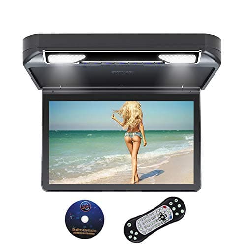 Overhead DVD Player 1080P HD Flip Down Multimedia Player for Car with Built-in USB SD HDMI Games Double Dome LED Lights 13.3 Inch Black