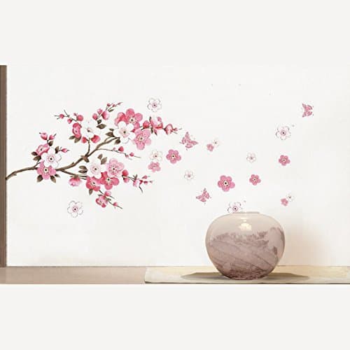 Qianxing removable cycle-usable flower and tree theme wallpaper wall sticker leisure style beautiful scenery Wall Decal for house home living room mural Decoration(peach blossom and butterfly)(100*45)