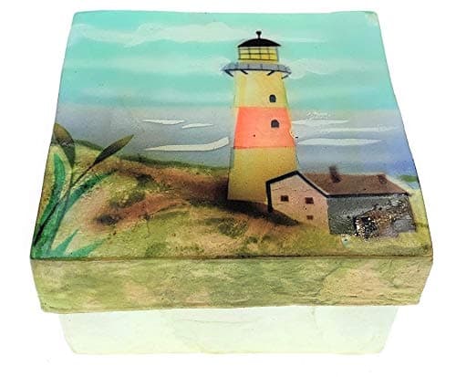 Kubla Craft Red and White Lighthouse Capiz Shell Keepsake Box, 3 Inches Square