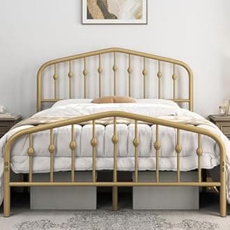 Yaheetech 4ft6 Double Bed Frames Metal slatted Bed Base with Crown-inspired Design Headboard/Spacious Under-bed Storage Antique Gold
