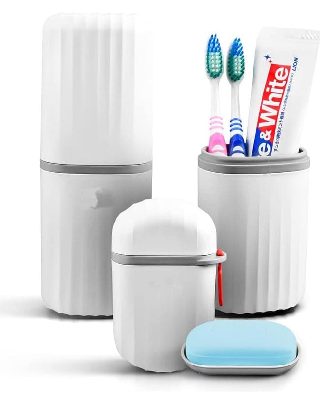 iSTAR Plastic Capsule Shape Travel Toothbrush Toothpaste Case Holder with Soap Container Combo Pack | Toothbrush Holder for Camping, Business and School Trip, White