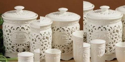 TEA COFFEE SUGAR JAR CANISTER STORAGE SET CERAMIC LACE