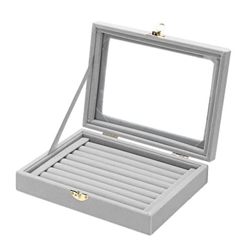 MENGCOREMENGCORE New Jewelry Ring Display Box Tray Holder Storage Box Organizer with Glass Cover (Gray)