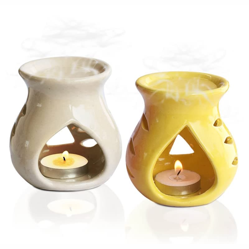 Pure Source India Ceramic Oil Burner Aroma Diffuser Set of 2 (Yellow & Off-White)