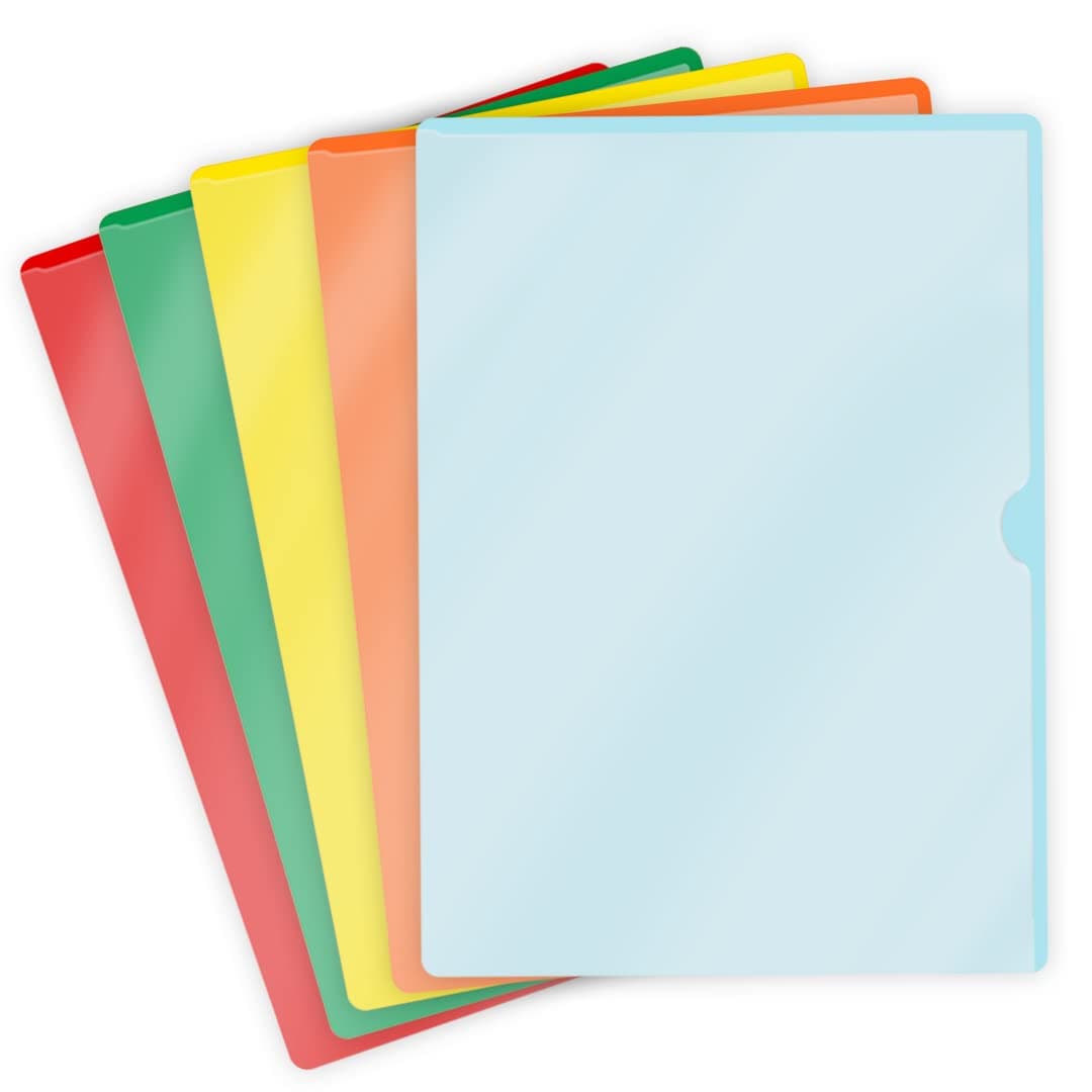 Doctor Stuff - 100 Pack Premium L-Type Vinyl Plastic File Folders Letter Size, 5 Assorted Color Pocket Project Folders Clear Front, Documents Holder for Home, Office and Medical Files