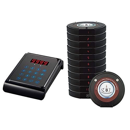 CallToU Restaurant Pager System Rechargable Wireless Paging System Calling System for Clinic Church Cafe Shop with 10 Coaster Pagers and 1 Keypad Caller