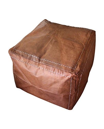 Six Canyons Square Cognac Distressed Leather Ottoman – Authentic Handmade Moroccan Pouf – Delivered Unstuffed – 100% Morocco Tan Goatskin Leather