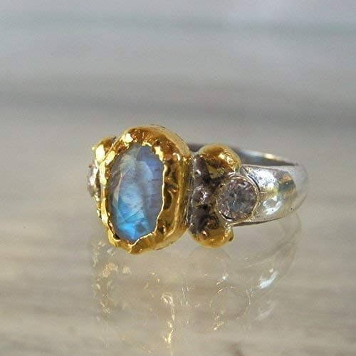 Artisan 22K Solid Gold and Sterling Silver Engagement Ring Set with Rainbow Moonstone and Diamonds