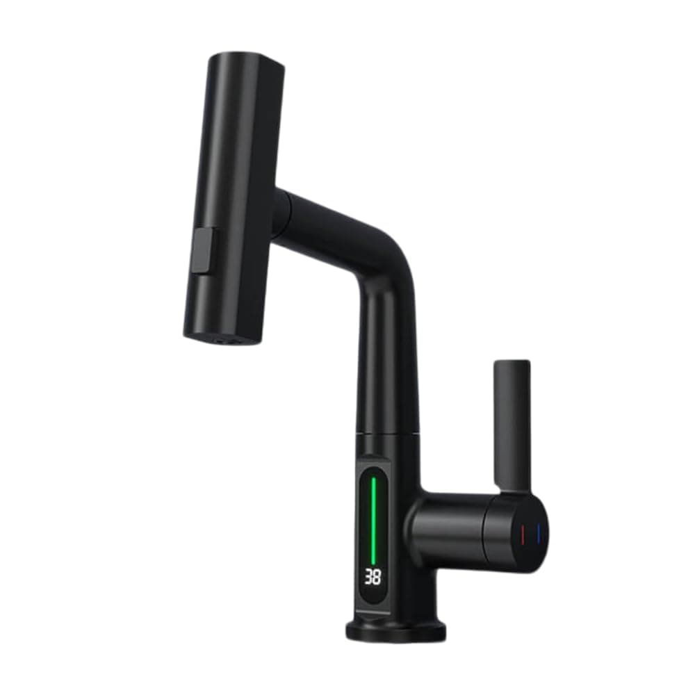 Pulling Lifting Digital Display Faucet, 2023 New 3 in 1 360° Swivelling Waterfall Kitchen Tap, Stainless Steel Adjustable Height Pull-Out Tube No Battery Hot & Cold Switch Faucet (Black)