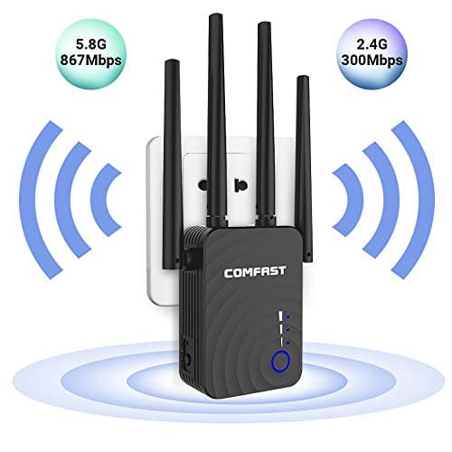 1200 Mbps WiFi Range Extender 2.4 GHz and 5.8 GHz Dual Band Repeater 360° WiFi Signal Extender and Booster with Four High Gain Antennas and Multiple Thermal Design, Three-Step Setup