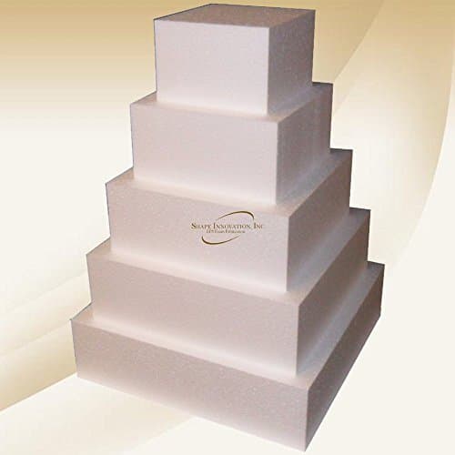 Square 4" Cake Dummy set - Set Of 5, Each 4" High By 6", 8", 10", 12", 14" Square - Perfect for wedding cakes, birthday cakes, display cakes, window displays, parties.