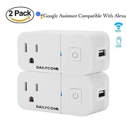 Smart Plug,Compatible With Alexa & Google Home, USB Charger (5V 2.1A), DAILYCOMB Wi-Fi Mini Smart Outlet With Timing Function, No Hub Required, Easy Connection With TP-Link WeMo Netgear Router(2 PACK)